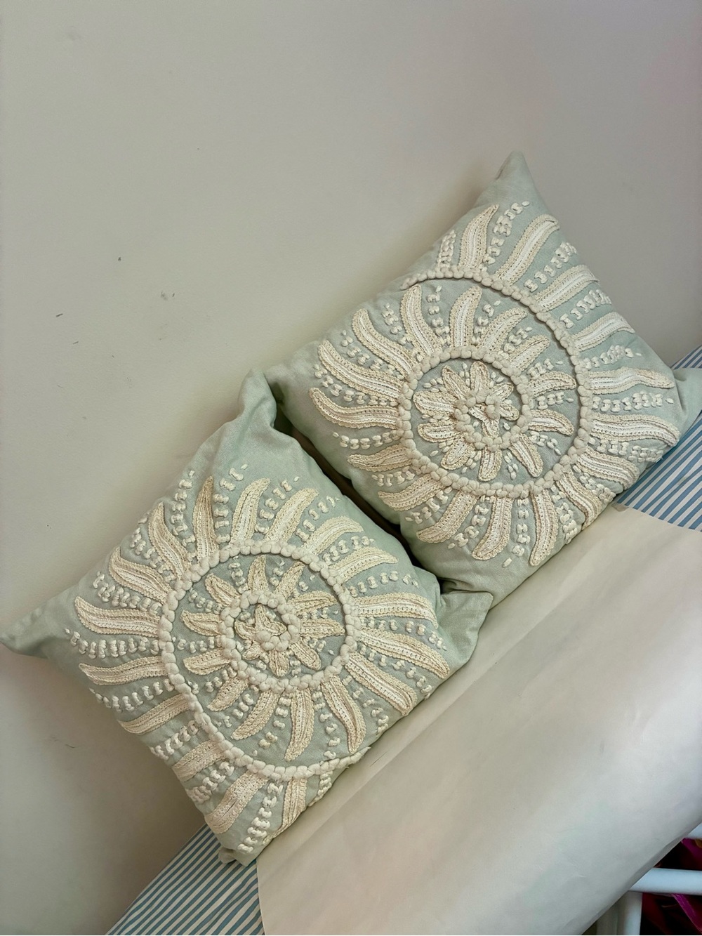 POTTERY BARN Embroidered Sunburst Throw Pillows - Pale Aqua & Cream (Set of 2)